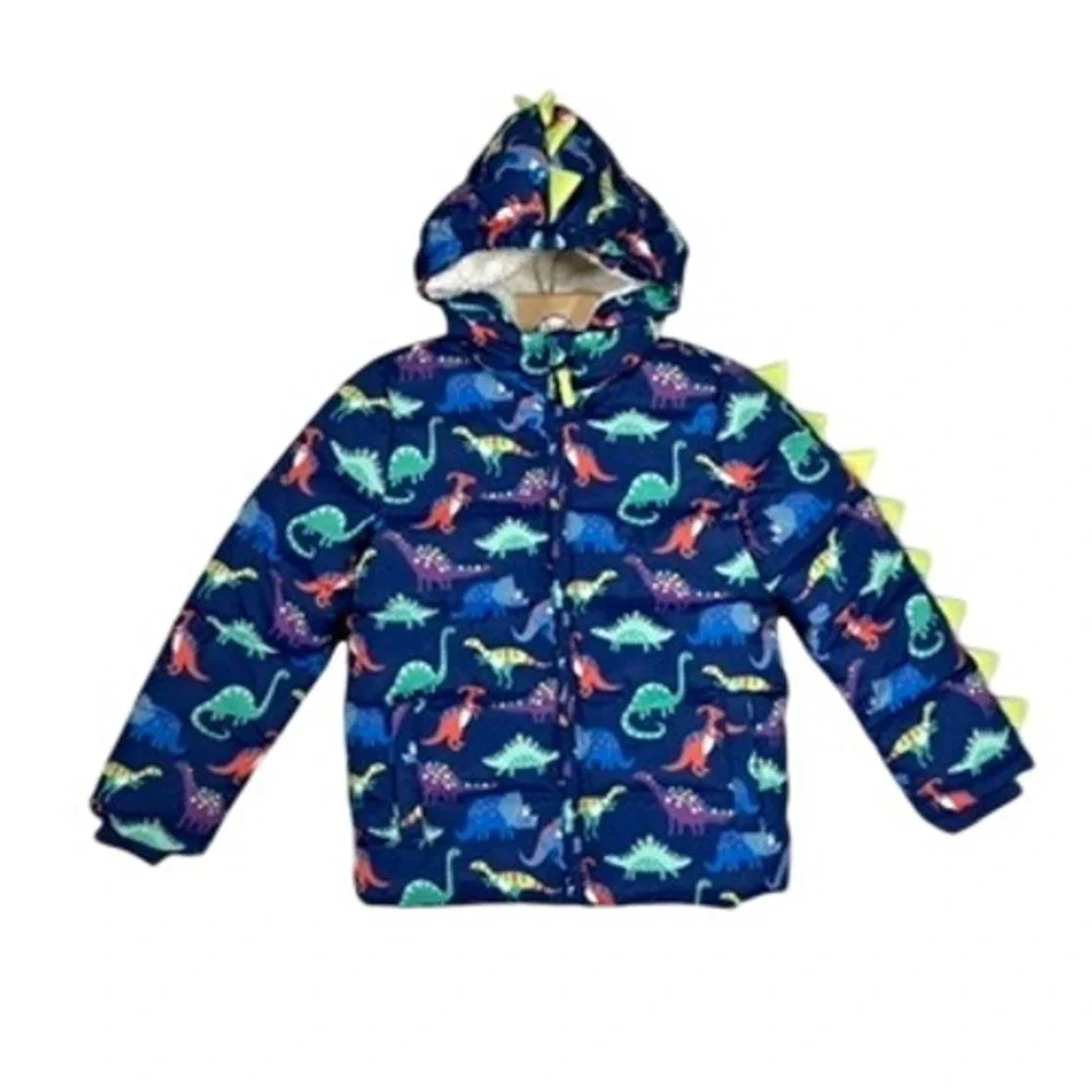 Gymboree Boys Size 10 Dino Friends Puffer Jacket Navy Sherpa 3D Spikes NWT